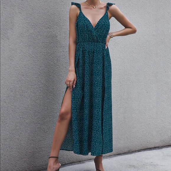Boho dot slit thigh maxi dress teal blue - Picture 5 of 6